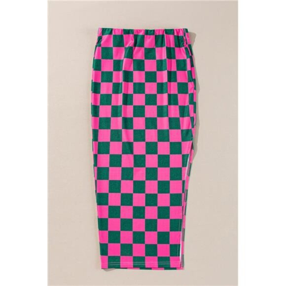 Rose Checkered Print Side Slit High Waist Midi Skirt - Picture 3 of 8